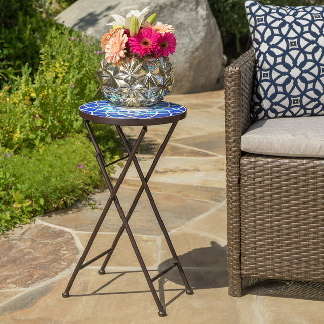 Moore Outdoor Glass Side Table with Iron Frame, Blue and White