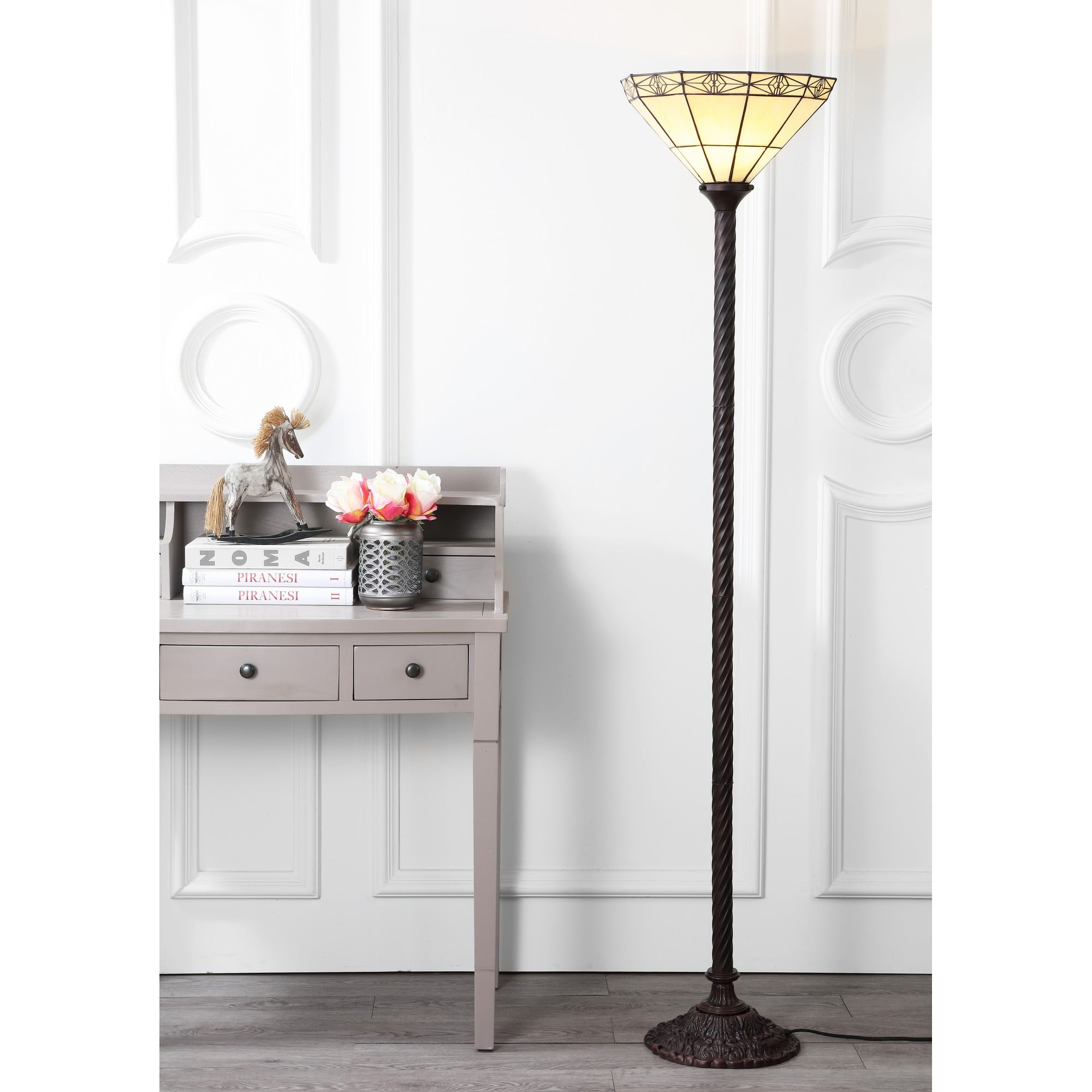 Moore Tiffany-Style Bronze Torchiere Floor Lamp with Multicolor Stained Glass