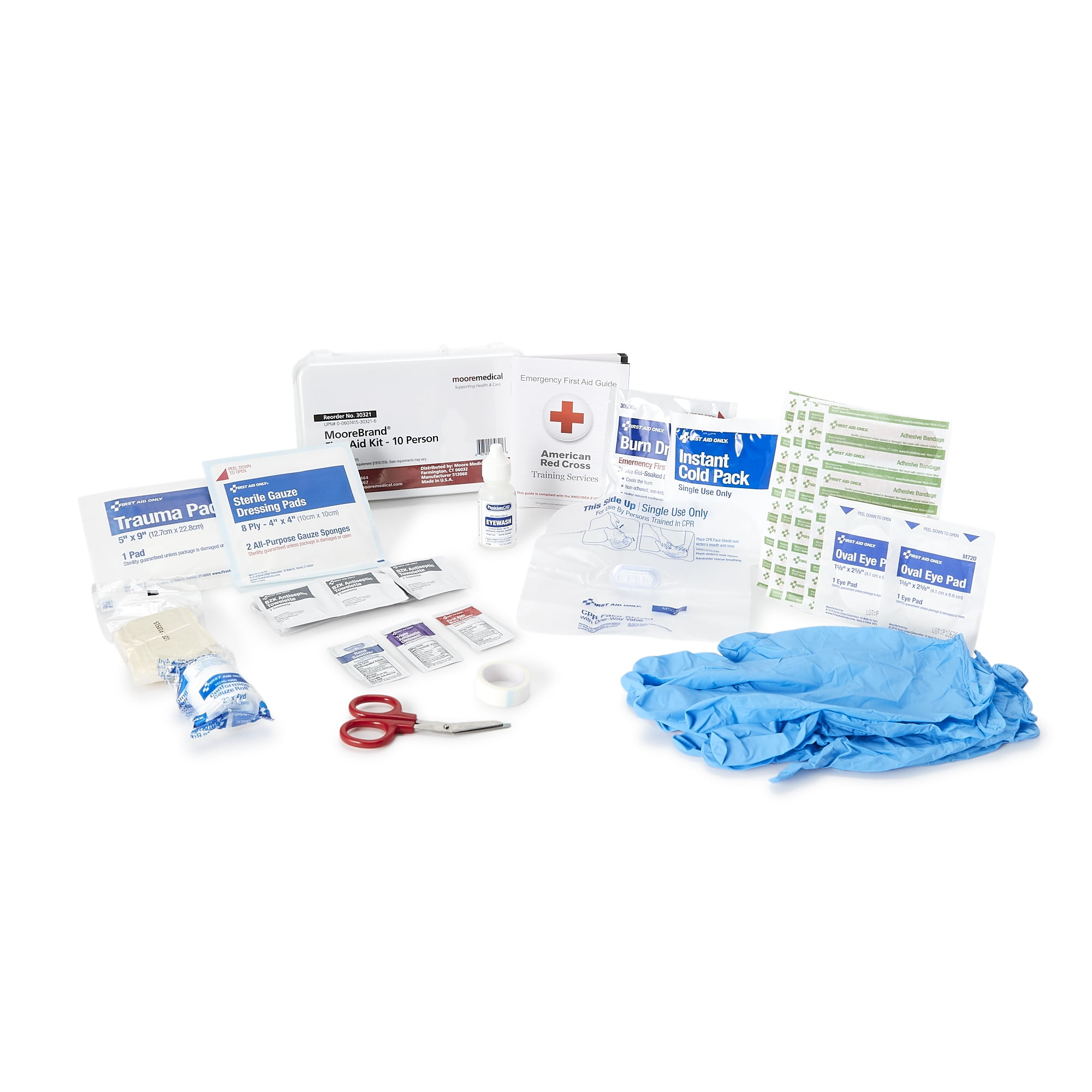 MooreBrand First Aid Kit, 10-Person Emergency Supplies Portable Case, 3 in. x 5 in. x 8 in., 12 Ct