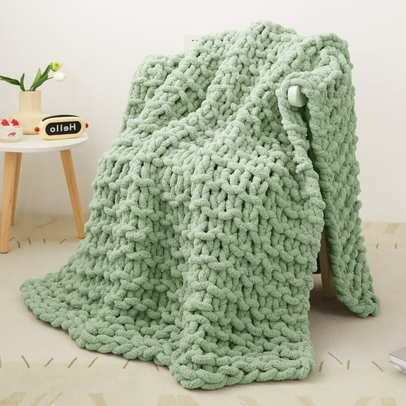 Mooreeke Chunky Knit Blanket 30"x40" Light Green Soft Washable Chenille Throw Blanket Cozy 100% Handmade Crochet Blankets with Jumbo Chenille Yarn for Couch Bed Sofa Room Decor