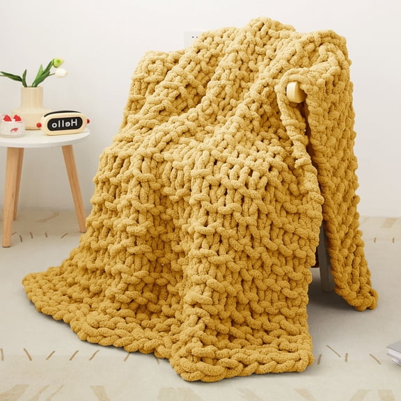 Viviland Chunky Knit Throw 30"x40" Mustard Yellow Soft Washable Chenille 100% Handmade Crochet for Couch Bed Sofa Home Decor