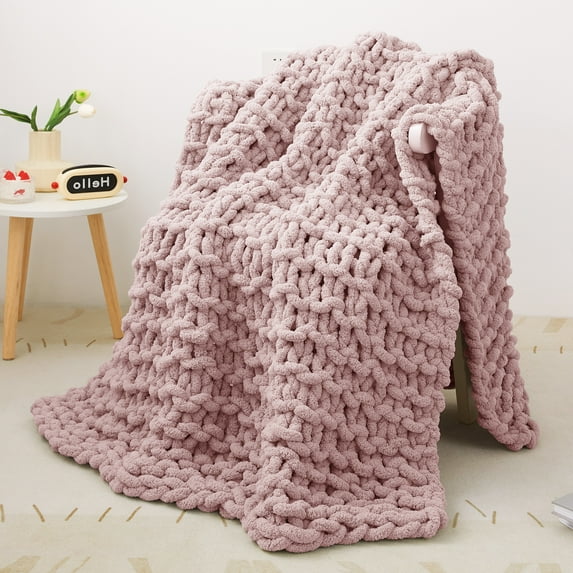 Mooreeke Chunky Knit Blanket 30"x40" Pink Soft Washable Chenille Throw Blanket Cozy 100% Handmade Crochet Blankets with Jumbo Chenille Yarn for Couch Bed Sofa Room Decor