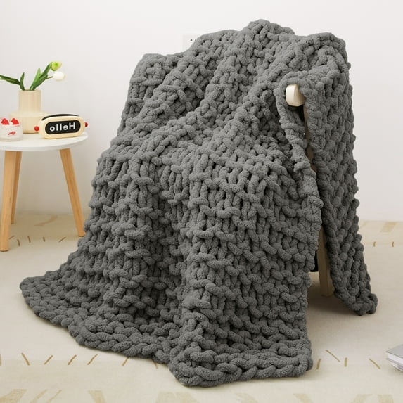 Mooreeke Chunky Knit Blanket 40"x50" Dark Grey Soft Washable Chenille Throw Blanket Cozy 100% Handmade Crochet Blankets with Jumbo Chenille Yarn for Couch Bed Sofa Room Decor