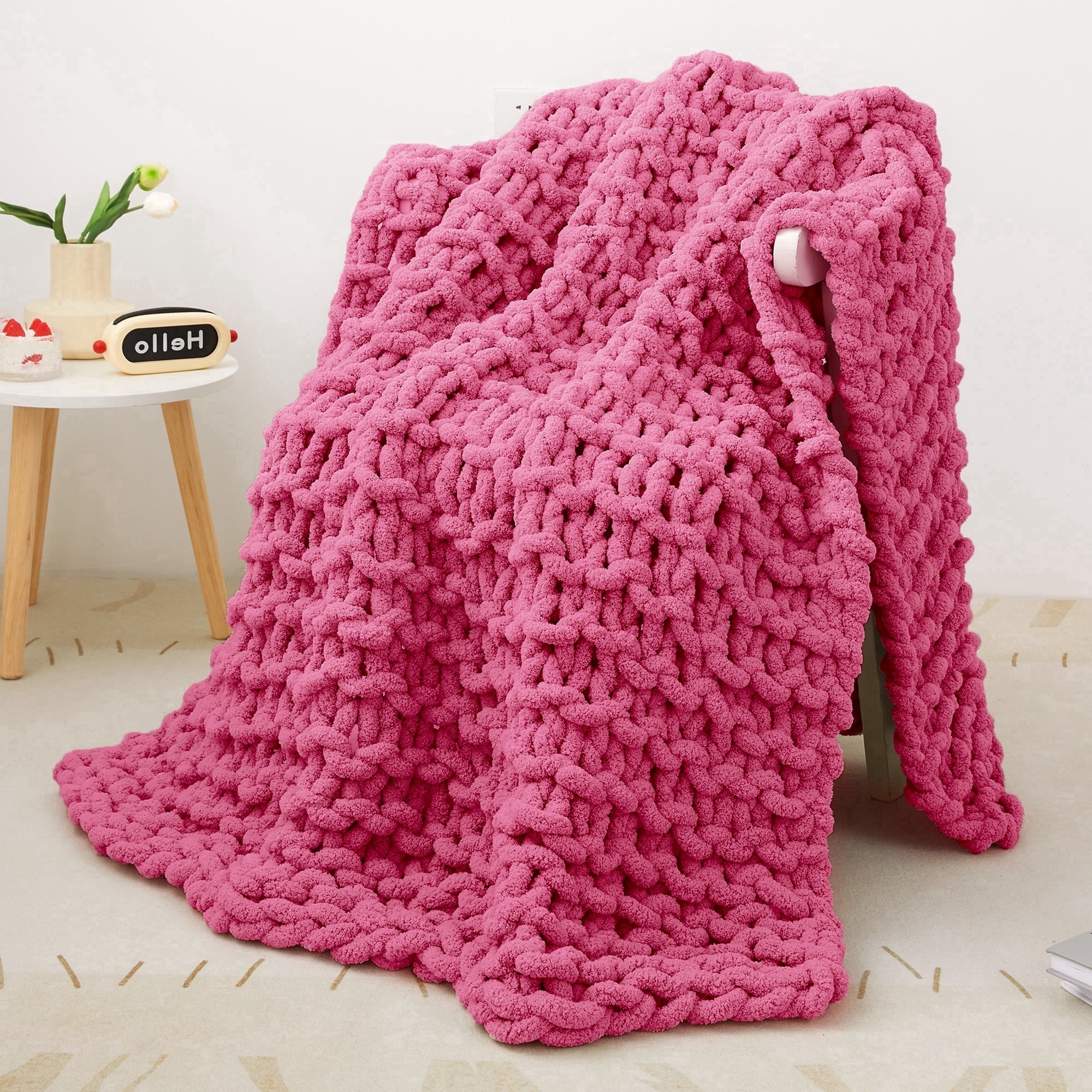 Viviland Chunky Knit Chenille Throw Blanket 40"x50" Rose Soft Washable 100% Handmade for Couch Bed Sofa Room Decor