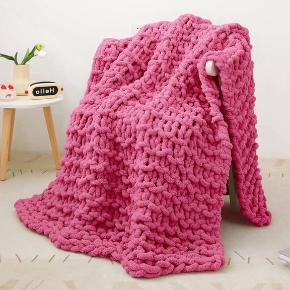Viviland Chunky Knit Chenille Throw Blanket 40"x50" Rose Soft Washable 100% Handmade for Couch Bed Sofa Room Decor