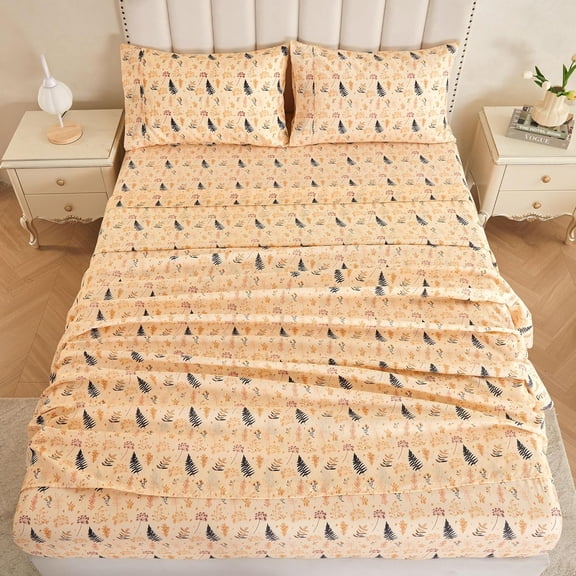 Mooreeke Printed Bed Sheet Set Beige Leaf Microfiber Fitted Bed Sheets, King Size