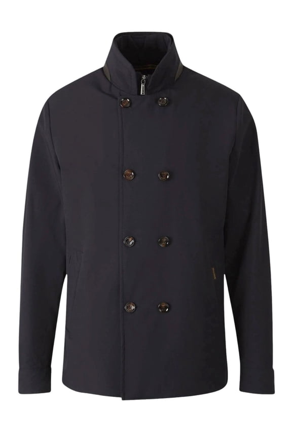 Double-Breasted High Collar Jacket In Dark Blue Nylon (Men's)