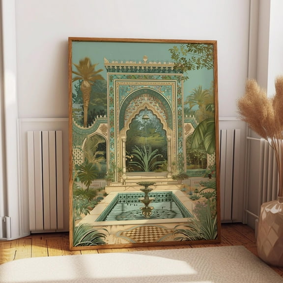 Moorish Garden And Fountain Wall Art - Arabic Arches And Fountain Artwork - Islamic Architectural Heritage Poster Or Print Wall Art, Modern Wall Decor, 8x12 UNFRAMED