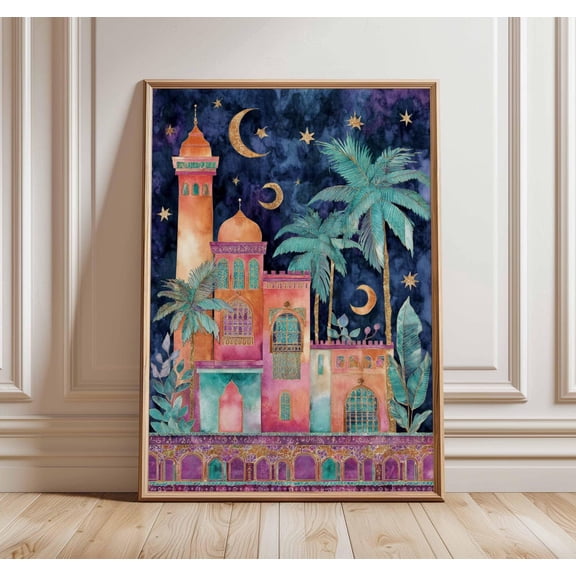 Moorish Palace Moroccan Night Crescent Moon Exotic Architecture Dreamy Arabian Illustration, Unframed Poster