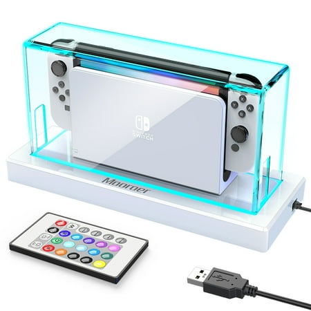 Mooroer Nintendo Switch Dust Cover with with 16 LED Colors Light Base, Protective Guard Dustproof Heavy Duty Practical Clear Display Case for Nintendo Switch & Switch OLED Charging Dock