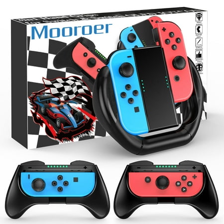 Mooroer Switch Joy-Con Grip Compatible with Nintendo Switch & Switch OLED Model Controller Grip and Switch Steering Wheel for Mario Kart 8 Deluxe 3 PCS[Black]