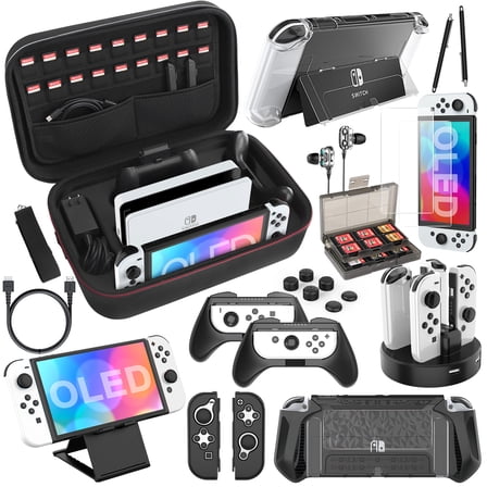 Mooroer Switch OLED Accessories Bundle 27 in 1 for Nintendo Switch OLED Model 2021, Gift Kit for OLED Carrying Storage Case, Dockable Protective Case Covers, Screen Protector, Joycon Grip & More