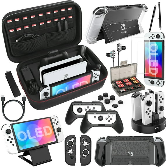 Mooroer Switch OLED Accessories Bundle 27 in 1 for Nintendo Switch OLED Model 2021, Gift Kit for OLED Carrying Storage Case, Dockable Protective Case Covers, Screen Protector, Joycon Grip & More