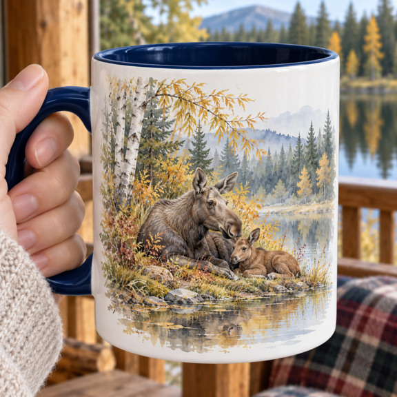 Moose 11oz Ceramic Accent Coffee Mug with Autumn Willow Rest Watercolor Art for Woodland Wildlife and Nature Art Lovers