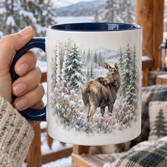 Moose 11oz Ceramic Accent Coffee Mug with Frosty Willow Grove Watercolor Art for Woodland Wildlife and Nature Art Lovers