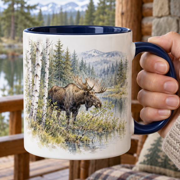 Moose 11oz Ceramic Accent Coffee Mug with Summer Willow Browse Watercolor Art for Woodland Wildlife Art Lovers