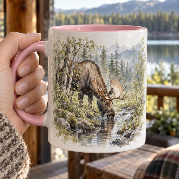Moose 11oz Ceramic Accent Coffee Mug with Willow Stream Watercolor Art for Woodland Wildlife and Nature Art Lovers