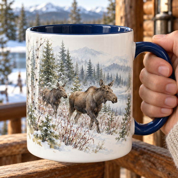 Moose 11oz Ceramic Accent Coffee Mug with Winter Willow Pair Watercolor Art for Woodland Wildlife and Nature Art Lovers