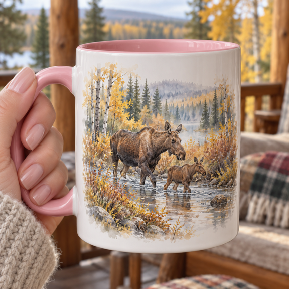Moose 15oz Ceramic Accent Coffee Mug with Autumn Willow Creek Watercolor Art for Woodland Wildlife and Nature Art Lovers