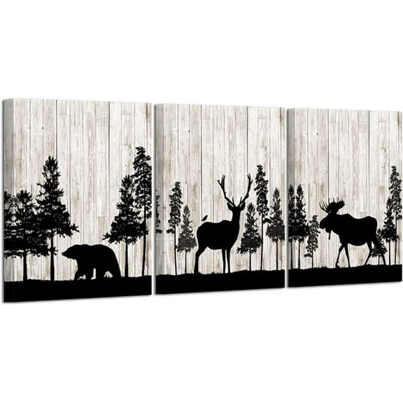 Moose Art Wall Decor For Cabin - Woods Theme Animal Bear And Moose Wall Art Decorations For Nursery Rustic Home Living Room Bedroom Wall Framed 12x16''x3Panels