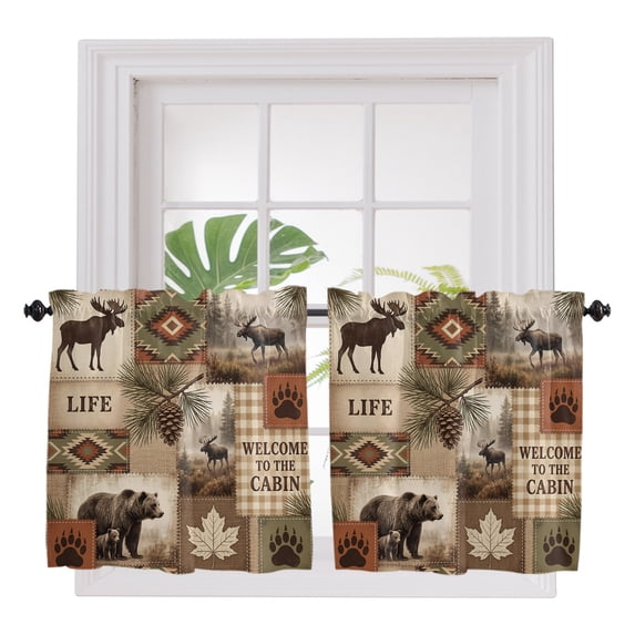 Moose Bear 2 Panel Kitchen Curtains for Small Windows, Forest Wildlife Pinecone Branch Rustic Country Bathroom Tier Curtain, Short Window Treatment for Bedroom/Living Room 55"x24"