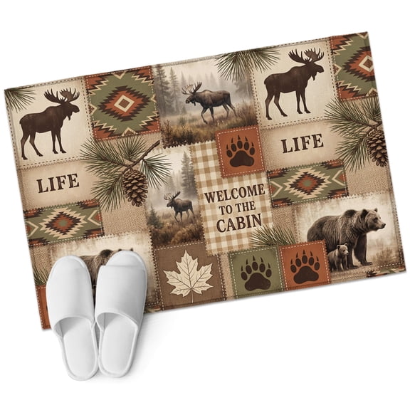 Moose Bear Bathroom Rug Washable 2x3 Entryway Rug Non Slip Forest Wildlife Pinecone Branch Rustic Country Front Door Mat Low Pile Indoor Doormat Throw Floor Carpet for Kitchen Bedroom Entrance