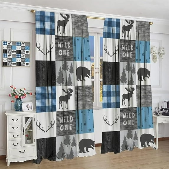 Moose Bear Bedroom Curtains,Vintage Country Christmas Decor Grey Blue Plaid Deer Silhouettes Splicing Room Darkening Door Window Rod Pocket Curtain For Living Room 26"W x 54"L (Pack of 2)