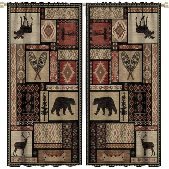 Moose Bear Curtains,Vintage Country Christmas Decor Grey Red Plaid Deer Patchwork Style Blackout Window Door Curtains for Bedroom Living Room Home Decor W84xL84in