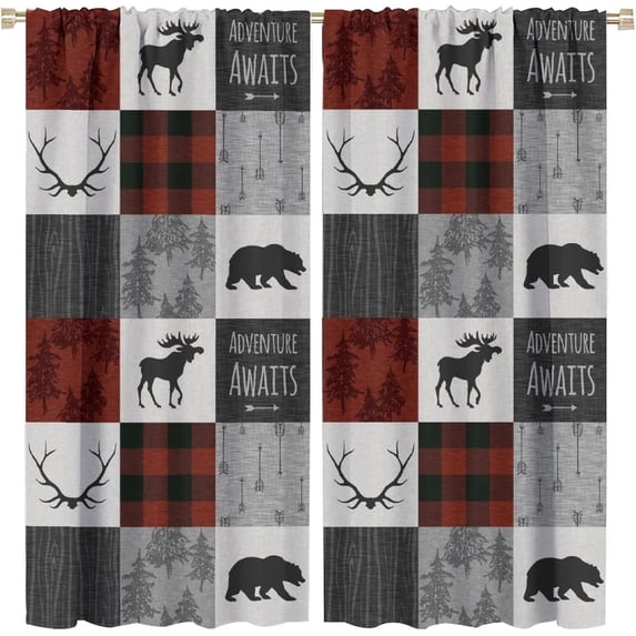 Moose Bear Curtains,Vintage Country Christmas Decor Grey Red Plaid Deer Patchwork Style Blackout Window Door Curtains for Bedroom Living Room Home Decor W84xL84in