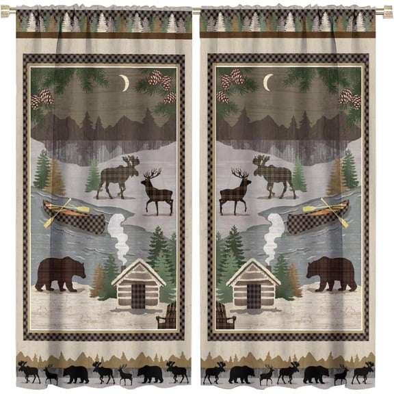 Moose Bear Curtains,Vintage Country Christmas Decor Grey Red Plaid Deer Patchwork Style Blackout Window Door Curtains for Bedroom Living Room Home Decor W84xL84in