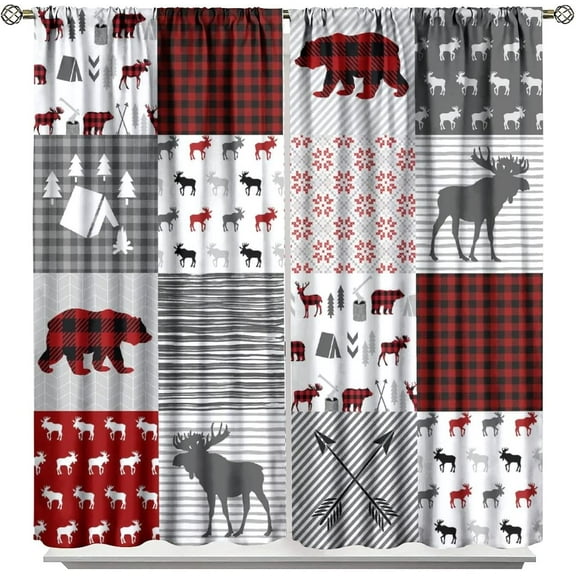 Moose Bear Curtains,Vintage Country Christmas Decor Grey Red Plaid Deer Patchwork Style Blackout Window Door Curtains for Bedroom Living Room Home Decor W84xL84in