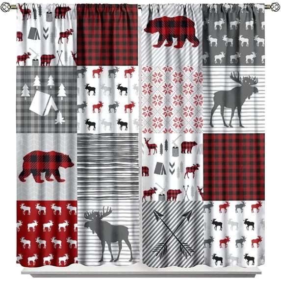 Moose Bear Curtains,Vintage Country Christmas Decor Grey Red Plaid Deer Patchwork Style Blackout Window Door Curtains for Bedroom Living Room Home Decor W84xL84in
