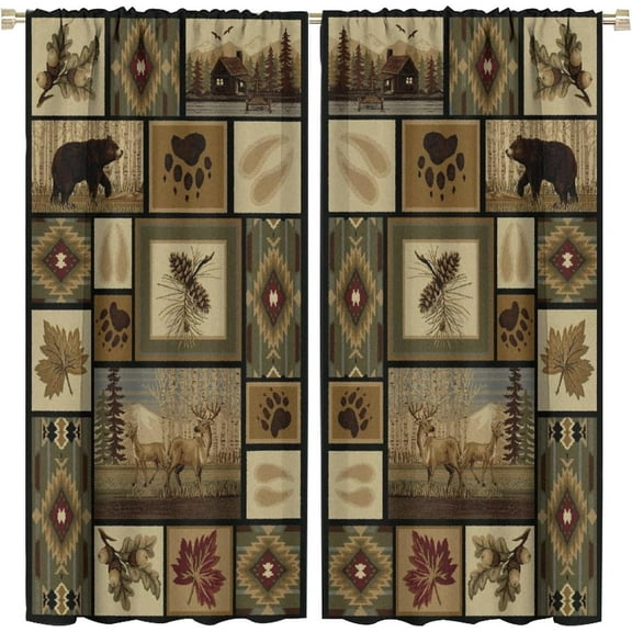 Moose Bear Curtains,Vintage Country Christmas Decor Grey Red Plaid Deer Patchwork Style Blackout Window Door Curtains for Bedroom Living Room Home Decor W84xL84in