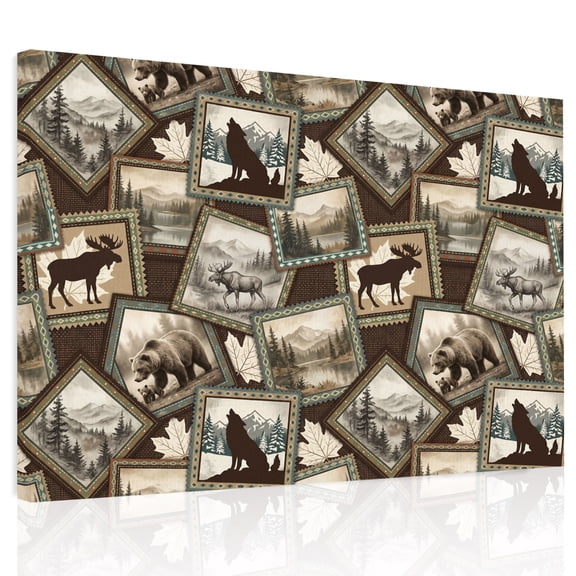 Moose Bear Icons Canvas Print Wall Art, Rustic Vintage Brown Beige Forest Scenic Frames Wall Decor Framed Artwork Paintings Pictures for Living Room Bedroom Stretched Ready to Hang, 12" x 16"