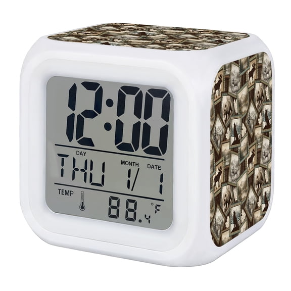 Moose Bear Icons Digital Alarm Clock for Bedrooms,Smart LED Alarm Clock with 7 Color Changing Night Light,Rustic Vintage Brown Forest Scenic Frames Silent Wake Up Clocks for Sleep Study 3.2"x3.2"