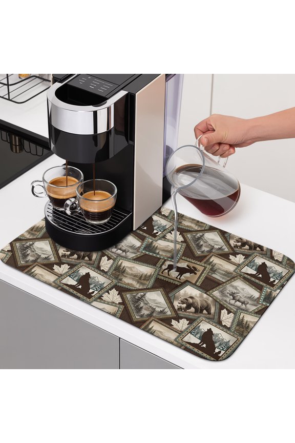 Moose Bear Icons Dish Drying Mats for Kitchen Counter, Rustic Vintage Brown Beige Forest Scenic Frames Absorbent Coffee Bar Mat with Non-slip Rubber Backed Quick Drying Dish Rack Pad 12"x16"