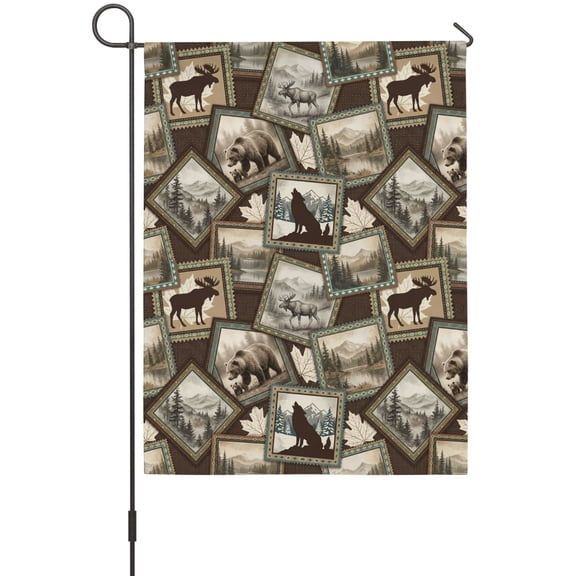 Moose Bear Icons House Flags For Outdoor, Rustic Vintage Brown Beige Forest Scenic Frames Small Double Side Yard Flags Weather Proof House Decor for Lawn Outside Holiday 28 x 40 Inches