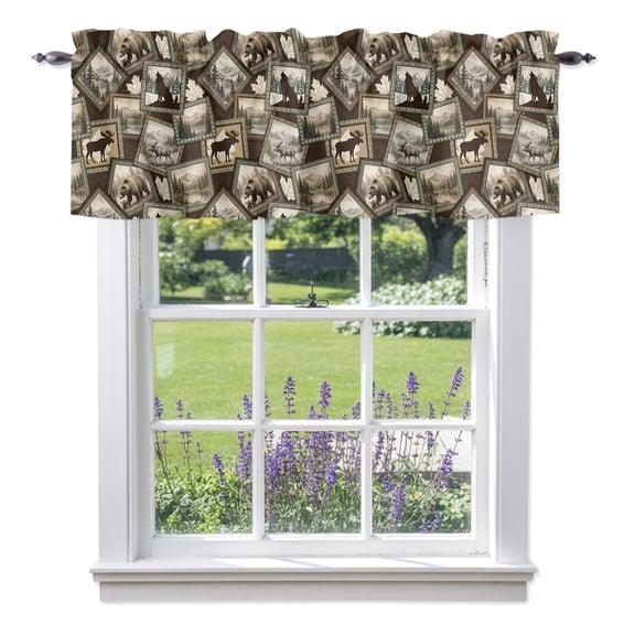 Moose Bear Icons Valances for Windows, Rustic Vintage Brown Beige Forest Scenic Frames Rod Pocket Valance Short Window Treatments Curtains for Kitchen Bathroom Bedroom Decor, 60 x 18 Inches