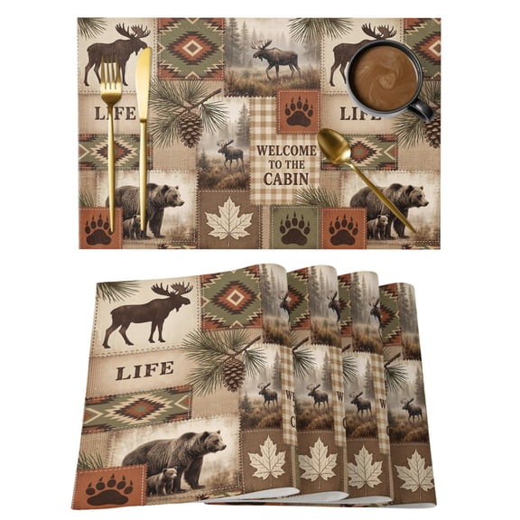 Moose Bear Placemats Set of 8 Forest Wildlife Pinecone Branch Rustic Country Place Mats Indoor Wipeable Table Mats Washable Dining Table Placemats for Kitchen Holiday Party Home Decor 13x19 Inch