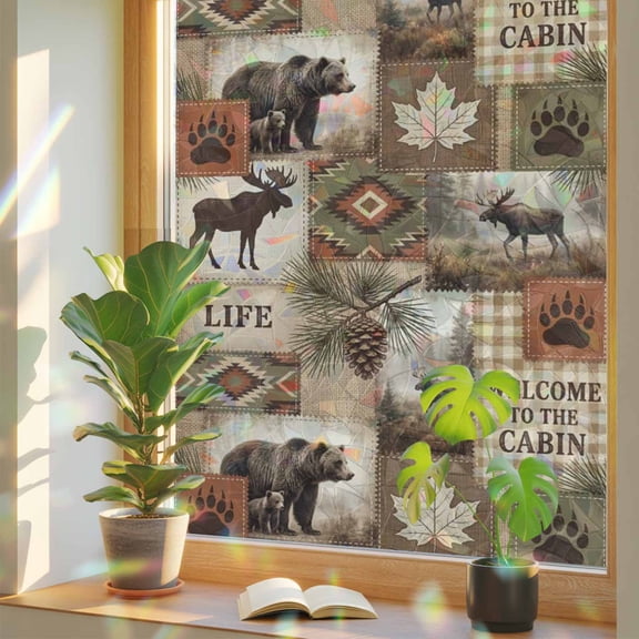 Moose Bear Window Privacy Film Rainbow Static Cling Stain Glass Window Film for Glass Door, Decorative Sunroof Decal Sticker for Car 17.7"x39.3" Forest Wildlife Pinecone Branch Rustic Country