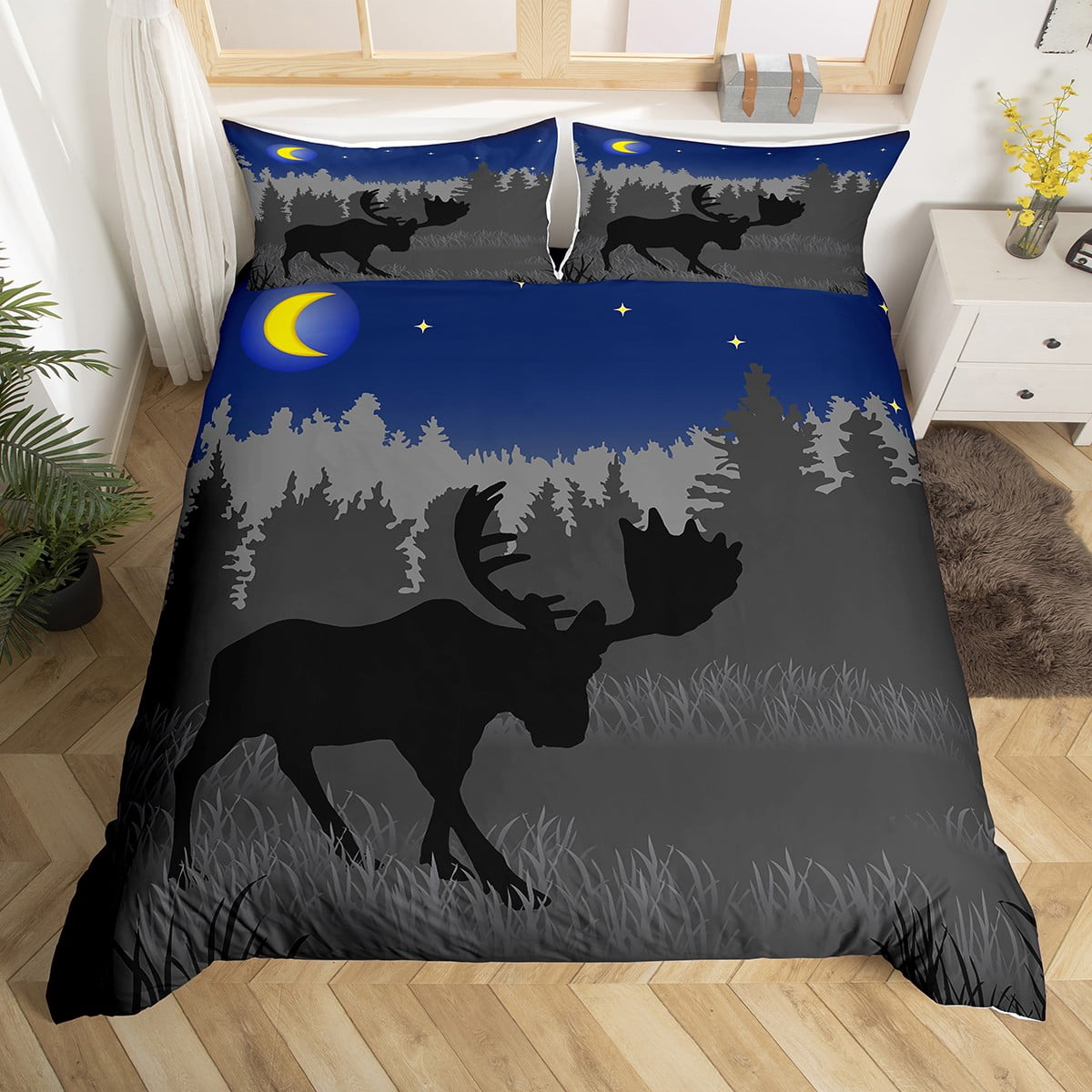 Moose Bedding Set Elk Deer Silhouette Dark Shadows Comforter Cover,Blue