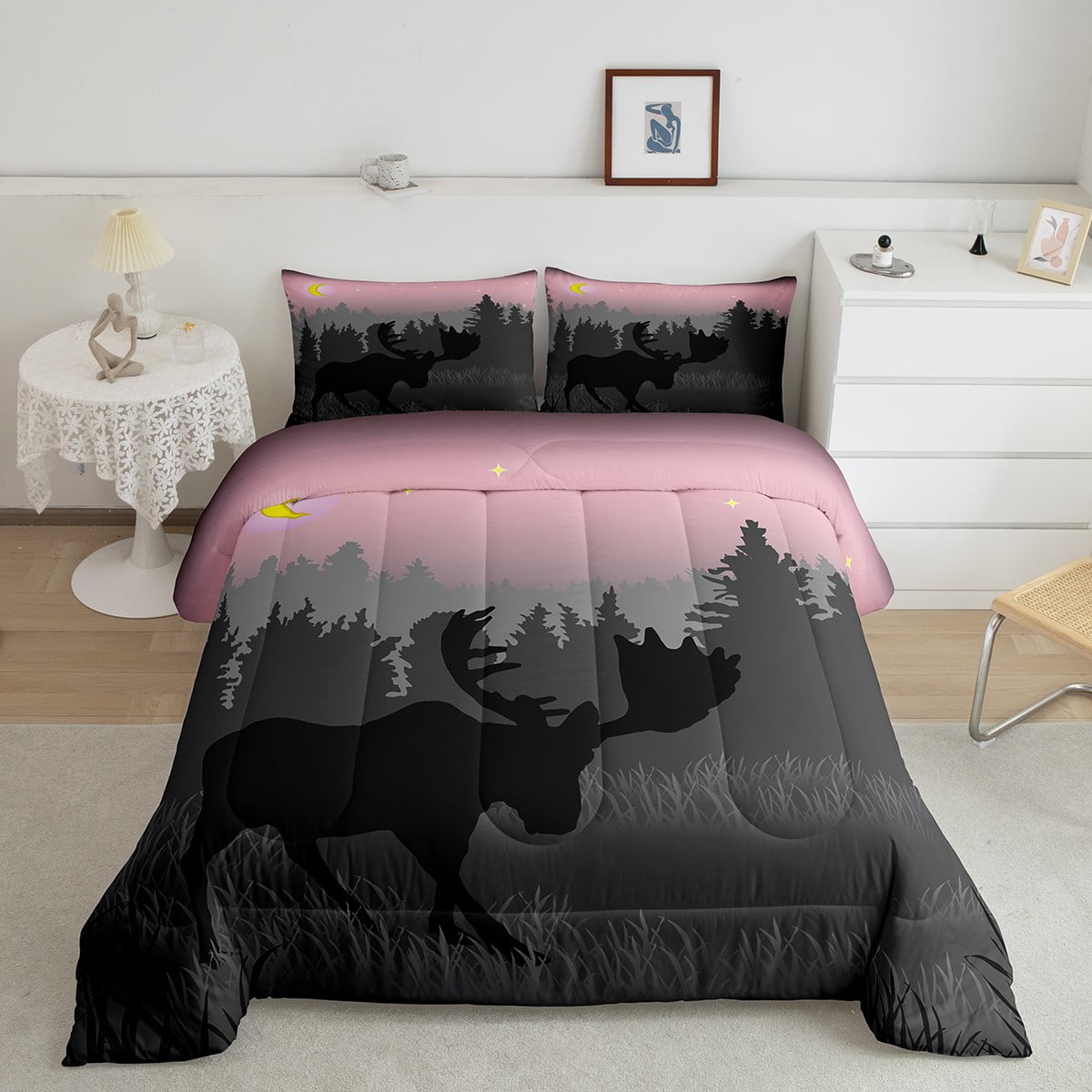 Moose Bedding Set Elk Deer Silhouette Dark Shadows Quilt,Pink Galaxy Stars Moon Comforter Set