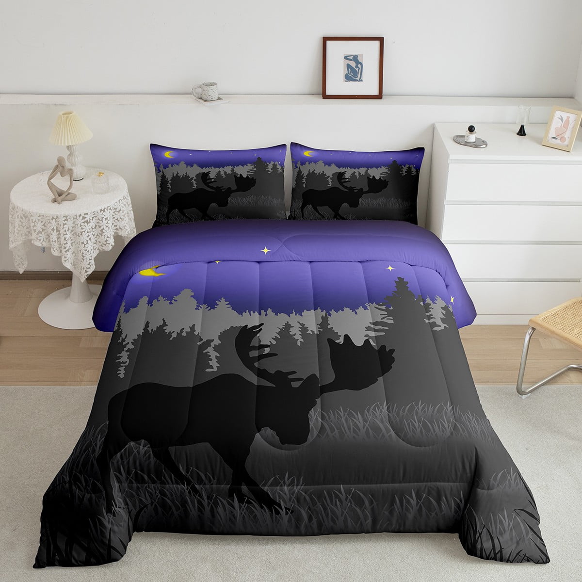 Moose Bedding Set Elk Deer Silhouette Dark Shadows Quilt,Purple Galaxy