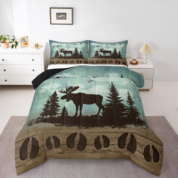 Moose Bedding Set Rustic Pine Trees Queen Comforter Set ,Woodland Animals Quilt Retro Brown Lodge Cabin Duvet Insert,Wildlife Reindeer Elk Deer Paw Print Farmhouse Decor