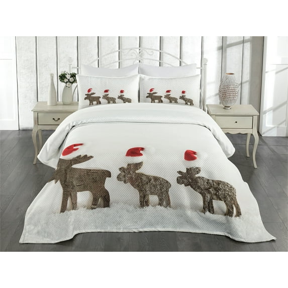 Moose Bedspread Set, Christmas Concept with Three Wooden Handmade Santa Reindeers on the Snow Design, Decorative Quilted Coverlet Set with Pillow Shams Included, White Brown, by Ambesonne