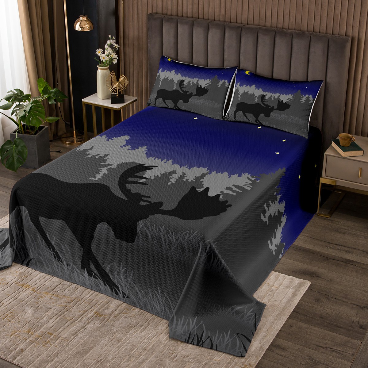 Moose Bedspread Set Elk Deer Silhouette Dark Shadows Coverlet Set,Navy