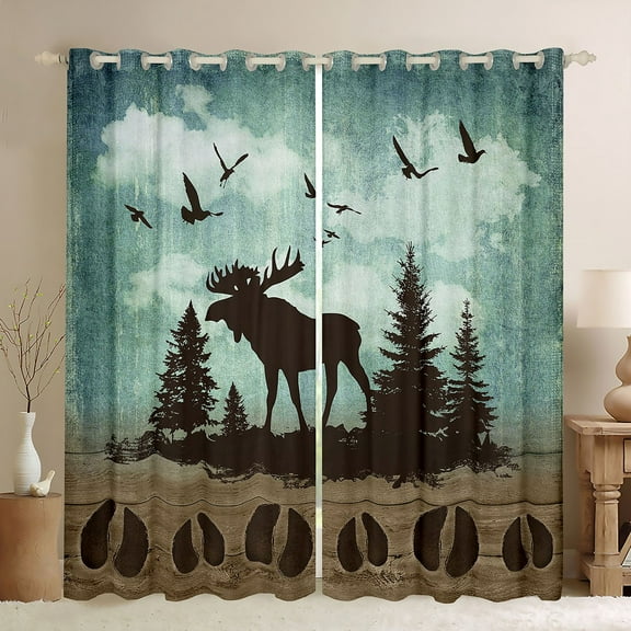 Moose Blackout Curtains Rustic Pine Trees 2 Panels 42"Wx63"L Curtains,Woodland Animals Curtains & Drapes Retro Brown Lodge Cabin Reindeer Elk Deer Paw Print Farmhouse Decor