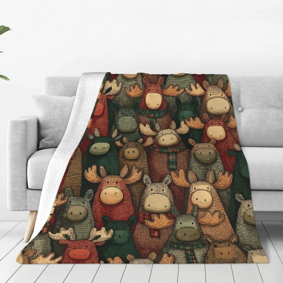 Moose Blanket Artistic Scarf Wearing Moose Design, Decorative Cozy Flannel Throw For Sofa, Vibrant Nature Patterned Home Decor 50x40