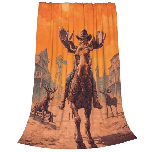 Moose Blanket, Artistic Wild West Scene Flannel Fleece, Unique Country Style Home Decor Throw 50x40