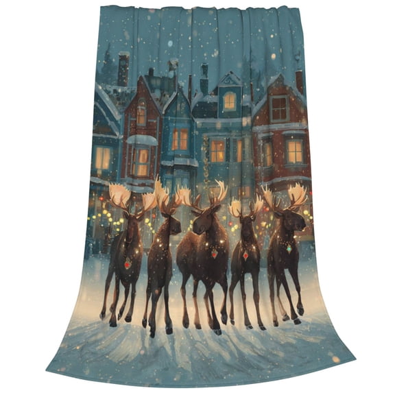 Moose Blanket, Christmas Town Holiday Flannel Throw, Festive Winter Scene Decorative Fleece 50x40